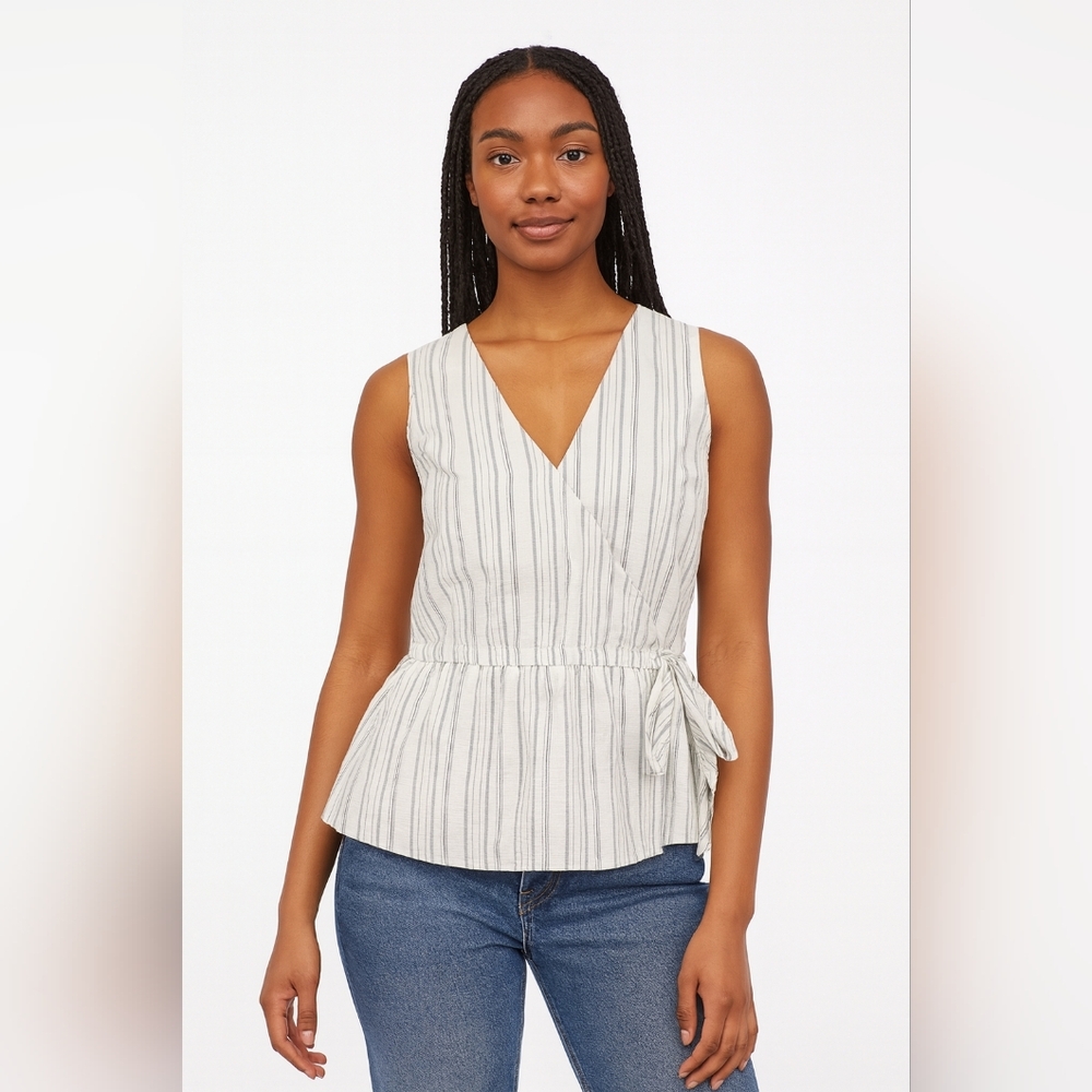 Ann Taylor White Size XL Blouse Work Clothes elastic tie stripes